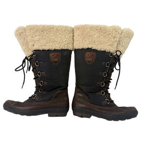 UGG Australia Tall Winter Boots Womens 10 Sheepskin Lined Lace Up Zip Brown